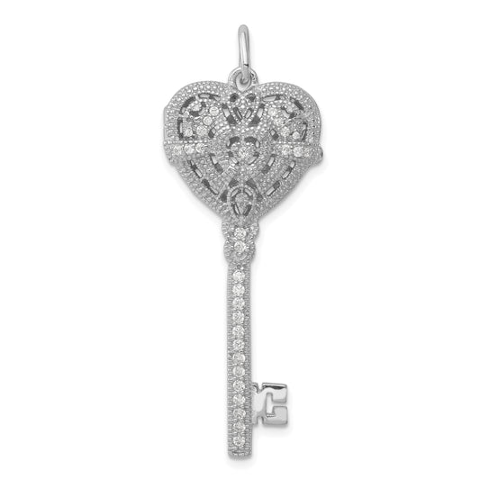 Sterling Silver Rhodium-Plated Cz Heart Key Locket