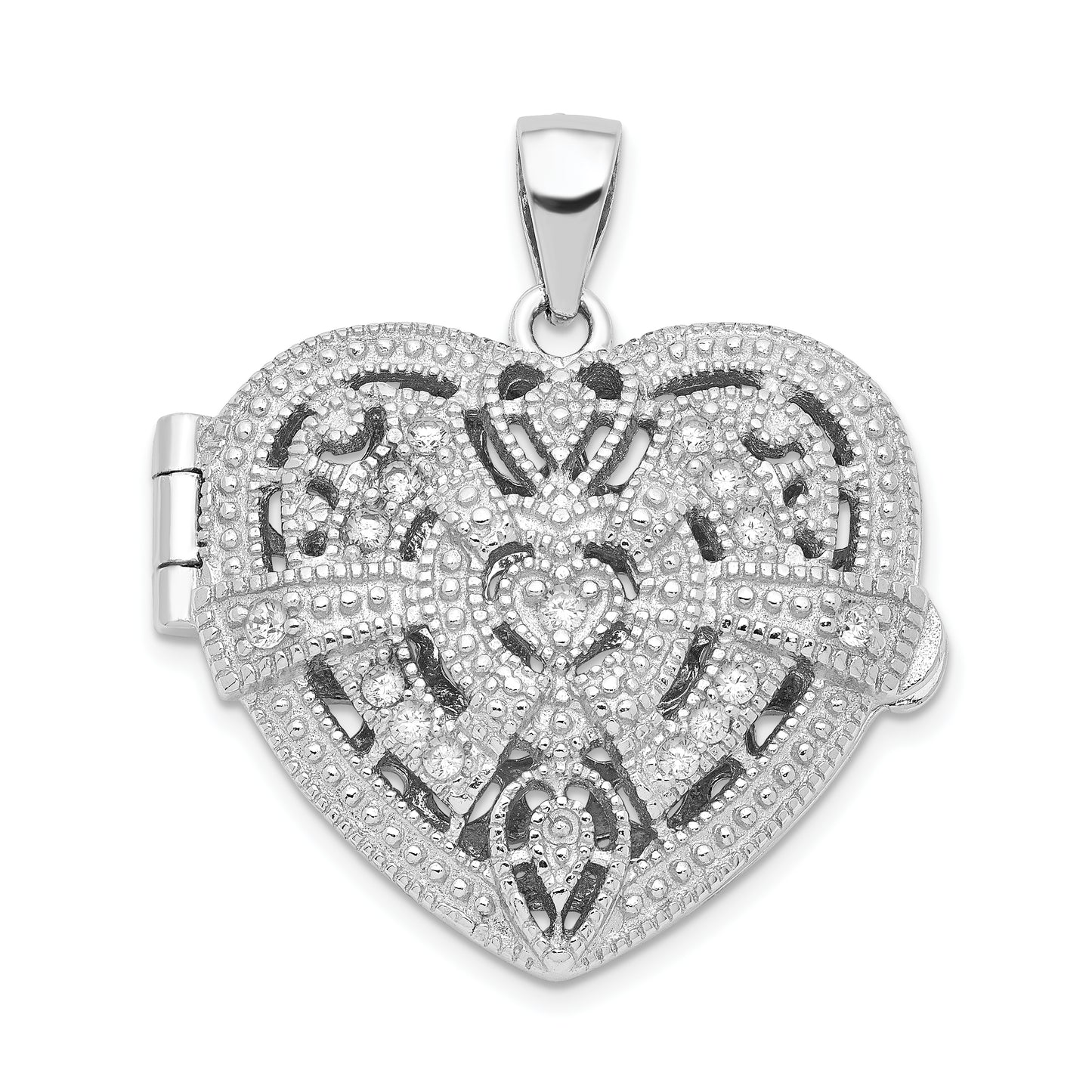 Sterling Silver Rhodium-Plated Cz Fancy Design Heart 22mm Locket Pendant