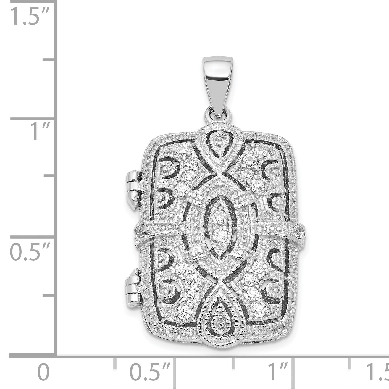 Sterling Silver Rhodium-Plated Fancy Cz Rectangle 24mm Locket Pendant