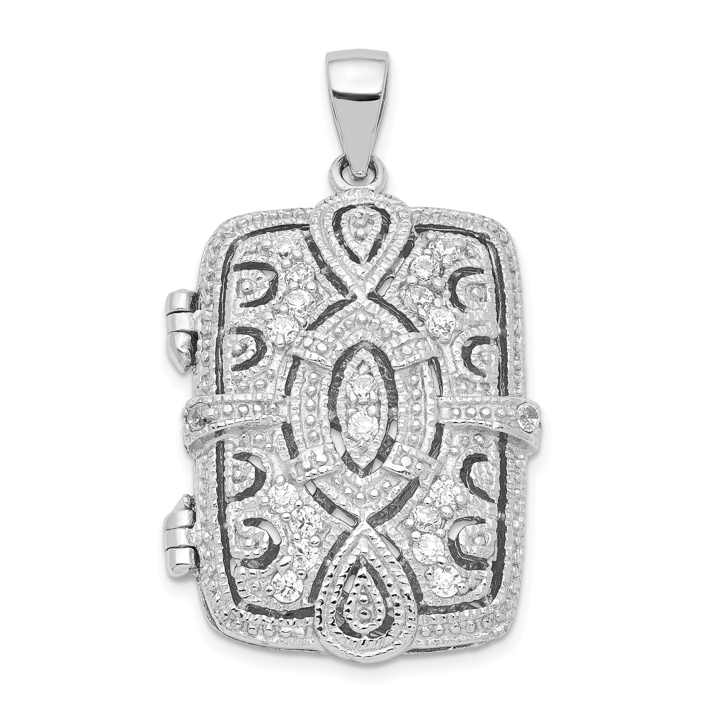 Sterling Silver Rhodium-Plated Fancy Cz Rectangle 24mm Locket Pendant