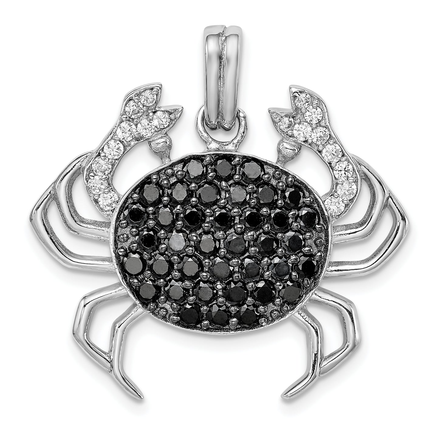 Sterling Silver Rhodium-Plated Black & White Cz Crab Pendant