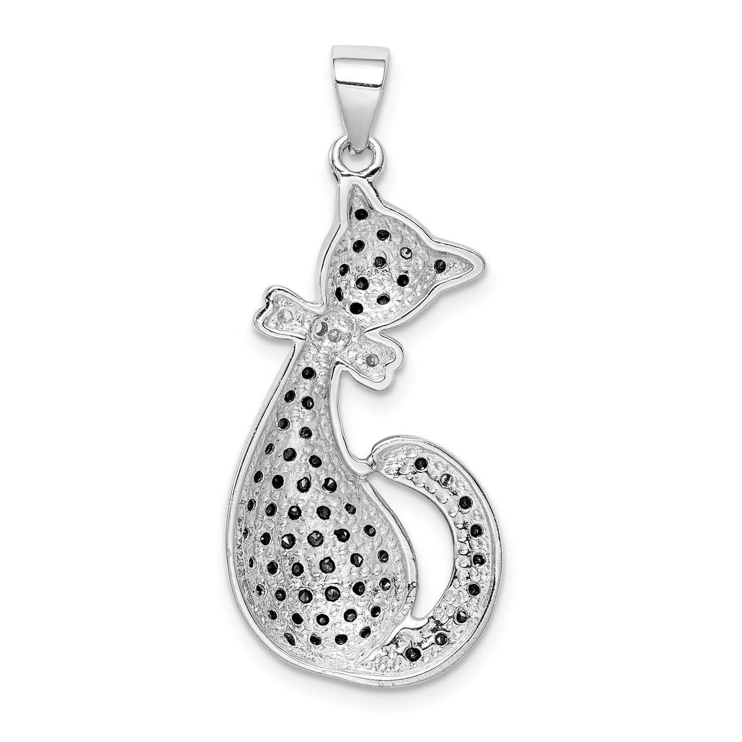 Sterling Silver Rhodium-Plated Black & White Cz Cat With Bow Pendant