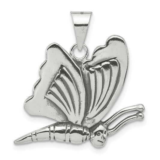 Sterling Silver Polished Antiqued And Grooved Butterfly Pendant