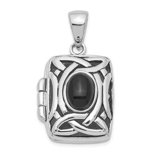 Sterling Silver Rhodium-Plated Antiqued Onyx Rectangle 20mm Locket