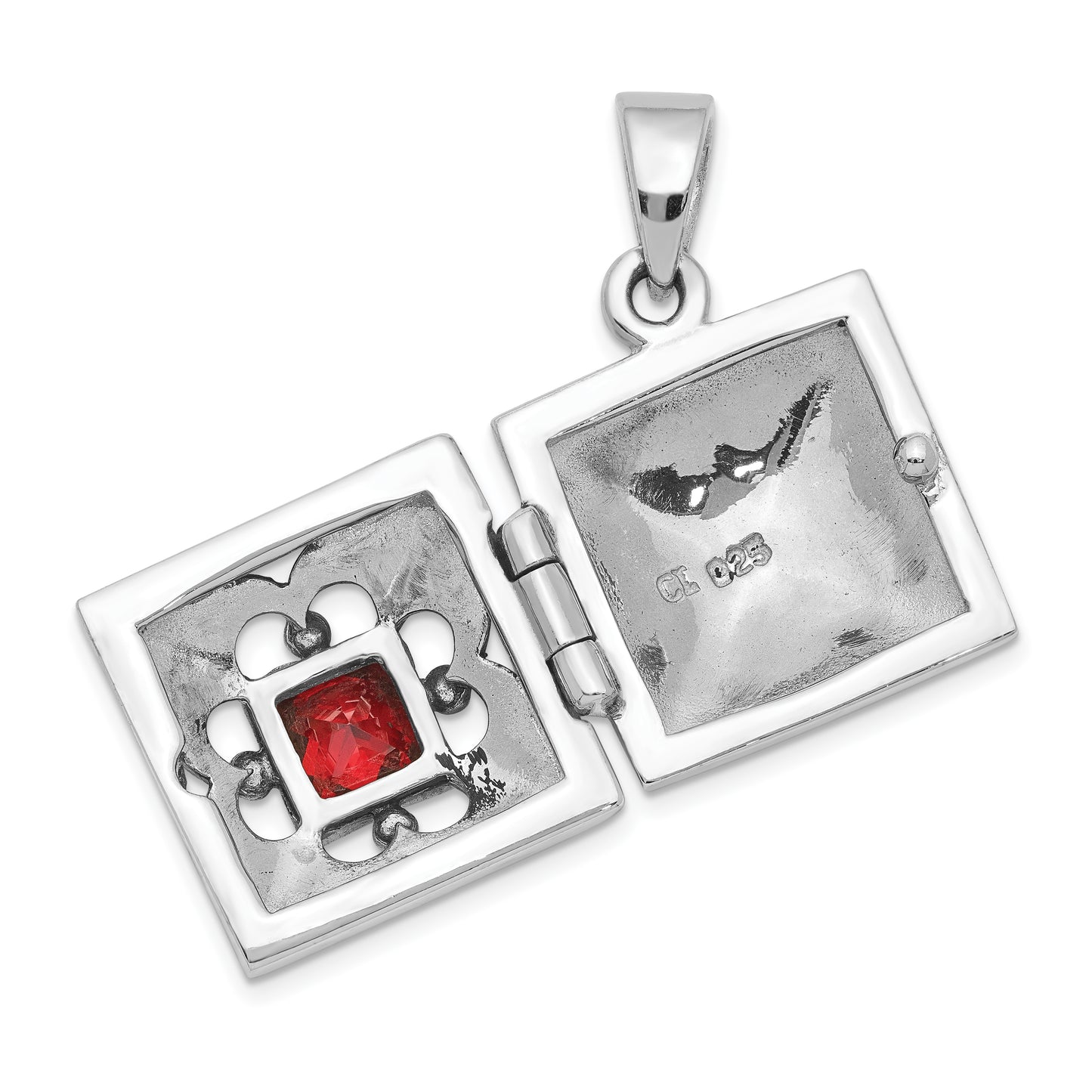 Sterling Silver Rhod-Plated Polished/Antiqued Garnet Square 16mm Locket