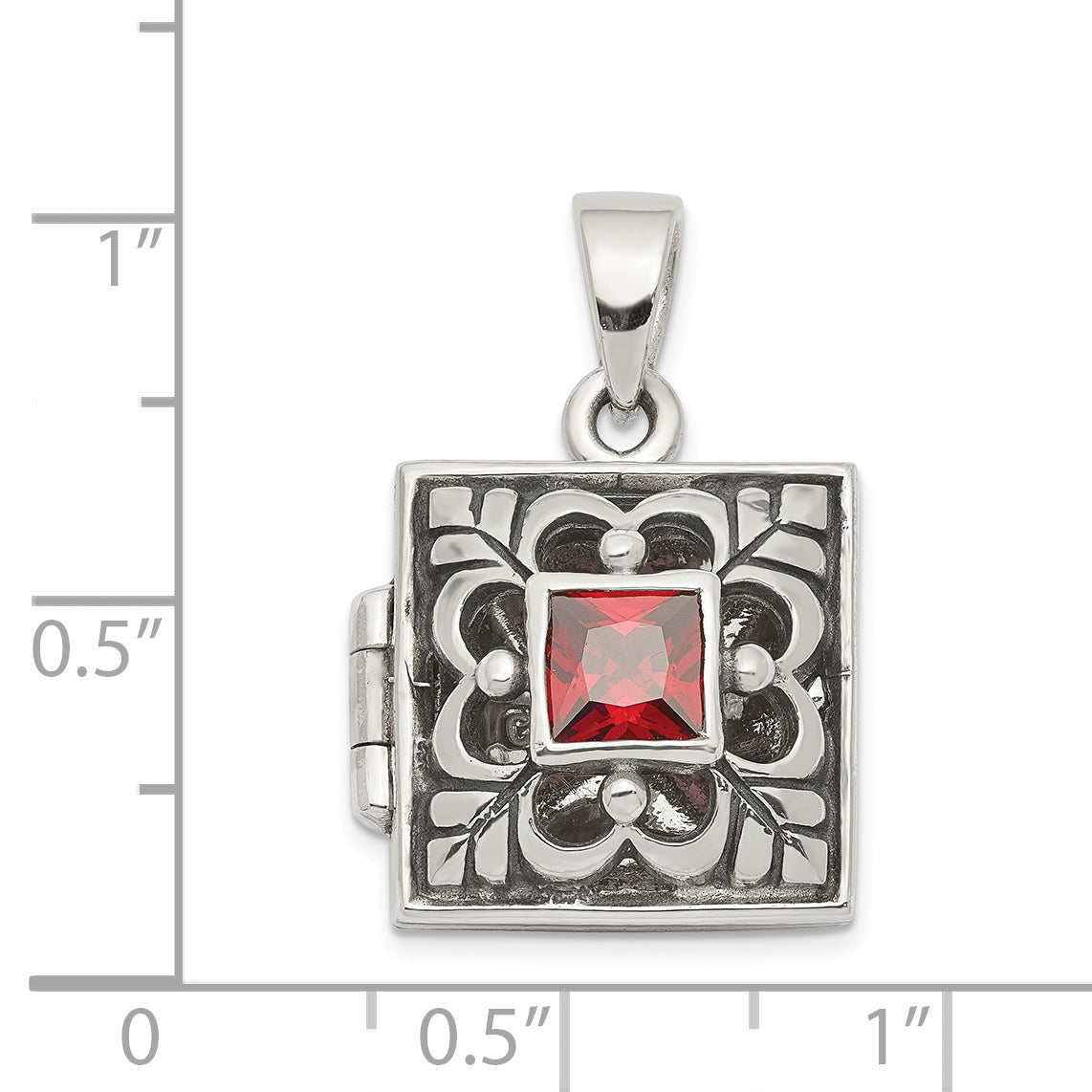 Sterling Silver Rhod-Plated Polished/Antiqued Garnet Square 16mm Locket