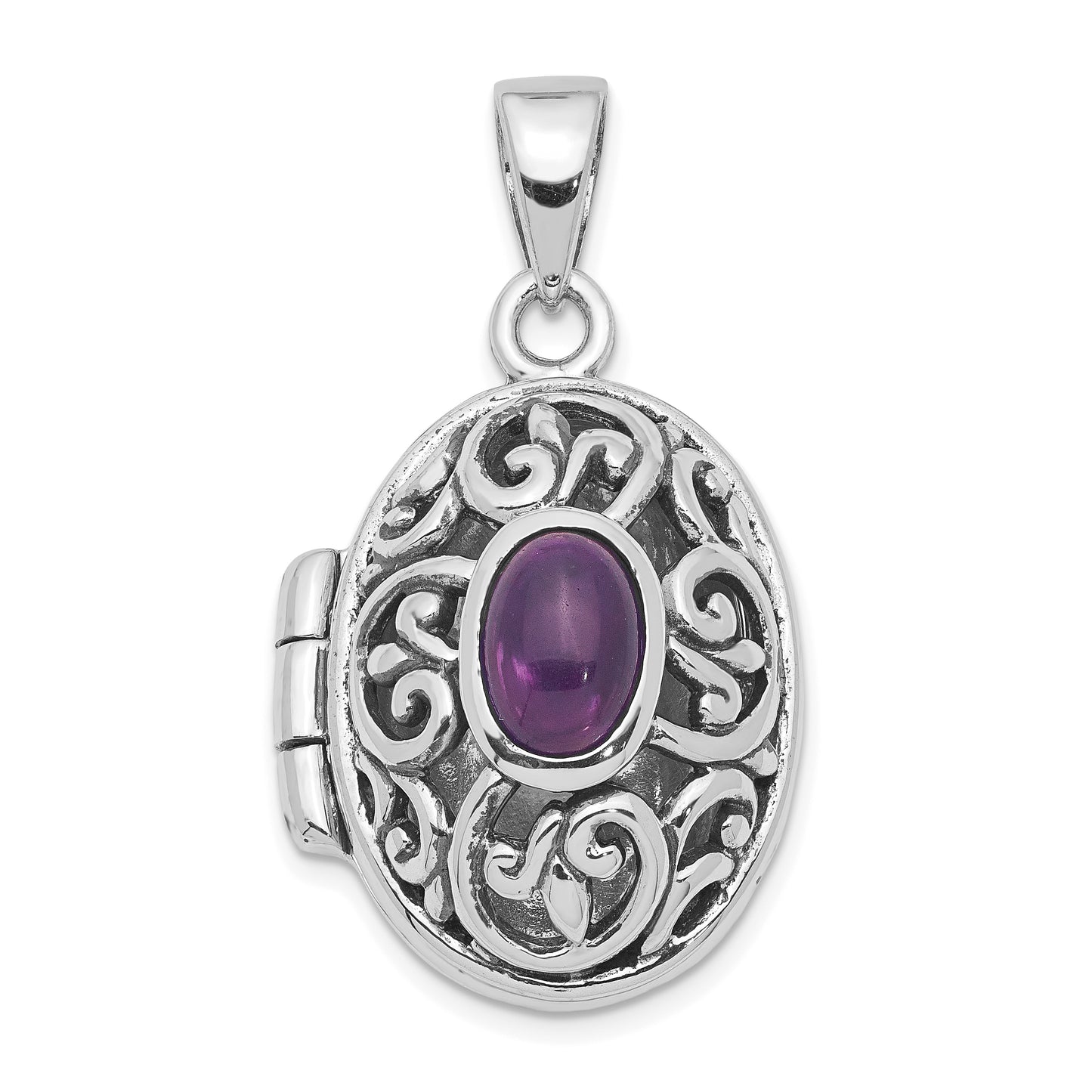 Sterling Silver Rhodium-Plated And Antiqued Amethyst Locket