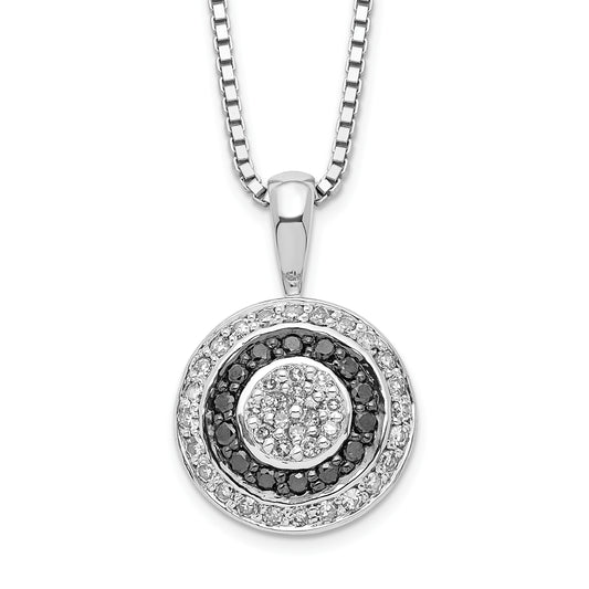 Sterling Silver White Night Rhodium-Plated Black And Diamond Circle Pendant 18 Inch Necklace With 2 Extender