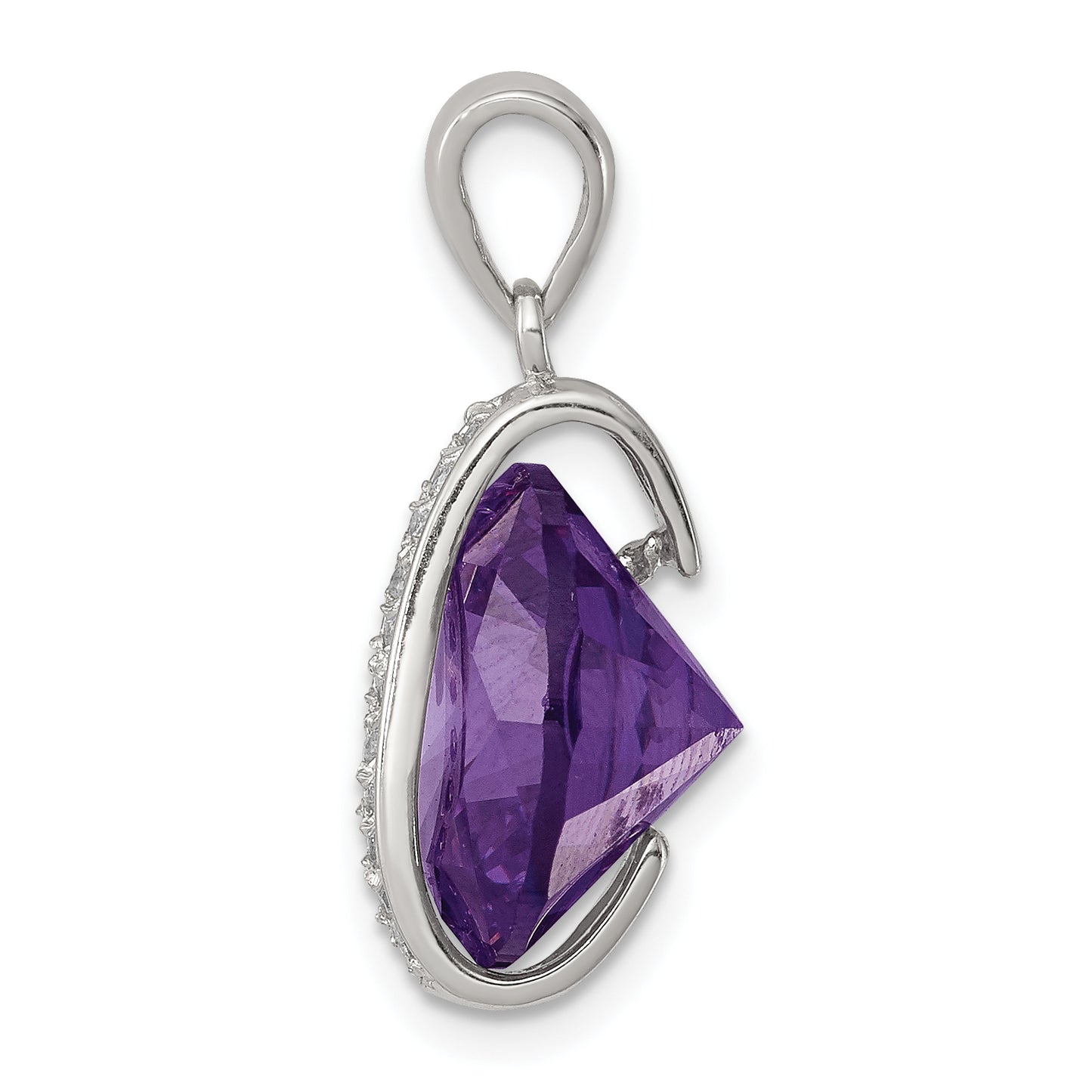 Sterling Silver Rhodium-Plated Purple Cabochon And White Cz Pendant