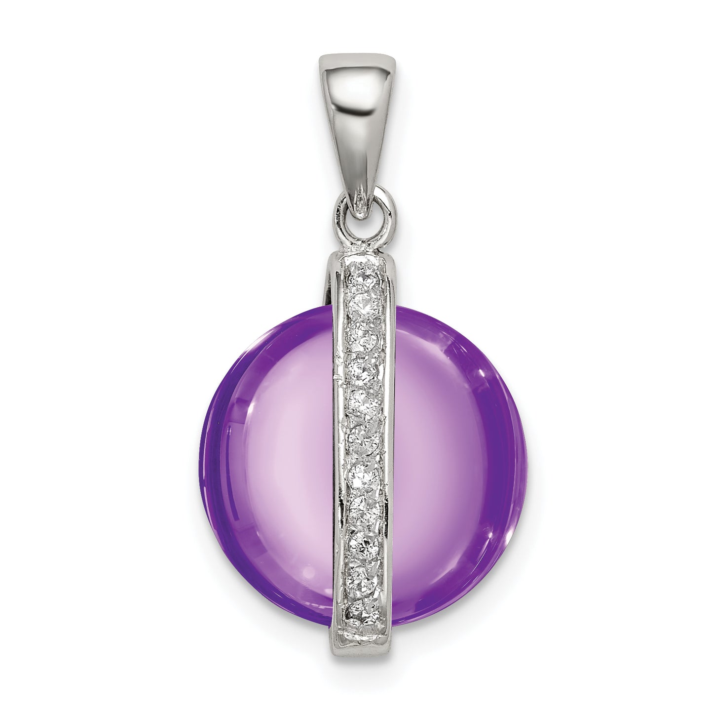 Sterling Silver Rhodium-Plated Purple Cabochon And White Cz Pendant