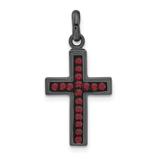 Sterling Silver Black Ceramic Red Swarovski Crystal Cross Pendant