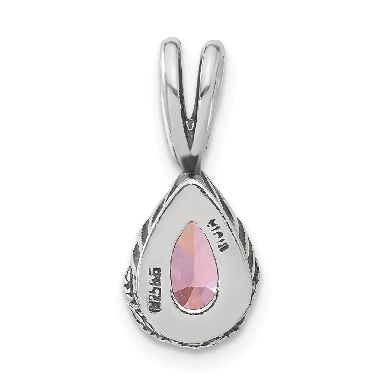 Sterling Silver Antiqued Pink Teardrop Cz Pendant