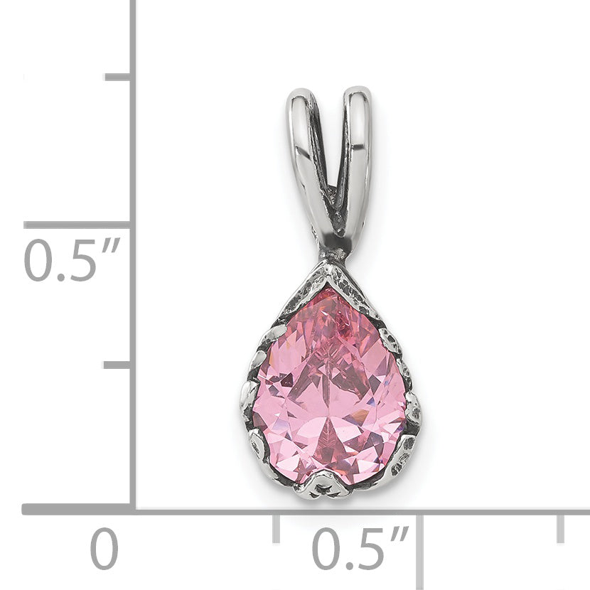 Sterling Silver Antiqued Pink Teardrop Cz Pendant