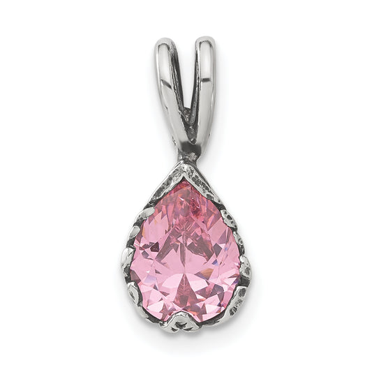 Sterling Silver Antiqued Pink Teardrop Cz Pendant