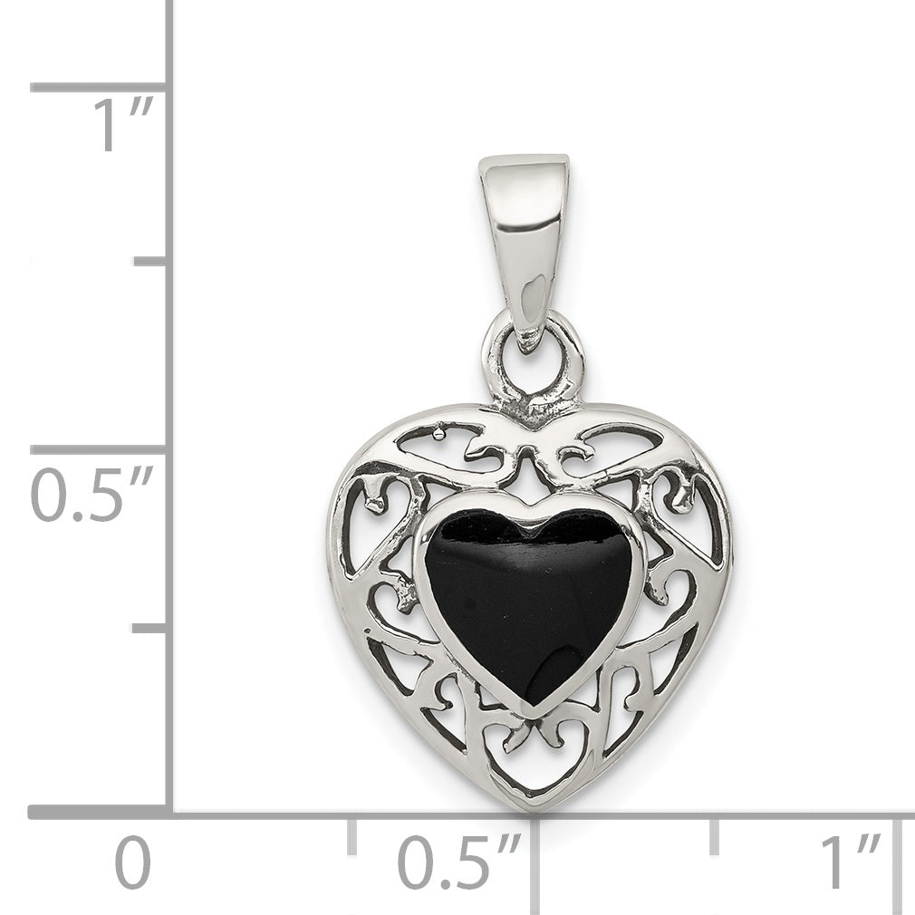 Sterling Silver Filigree Frame Onyx Heart Antiqued Pendant