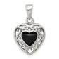 Sterling Silver Filigree Frame Onyx Heart Antiqued Pendant