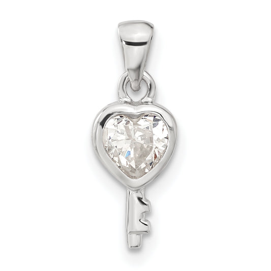 Sterling Silver Heart Shaped Key Cz Pendant