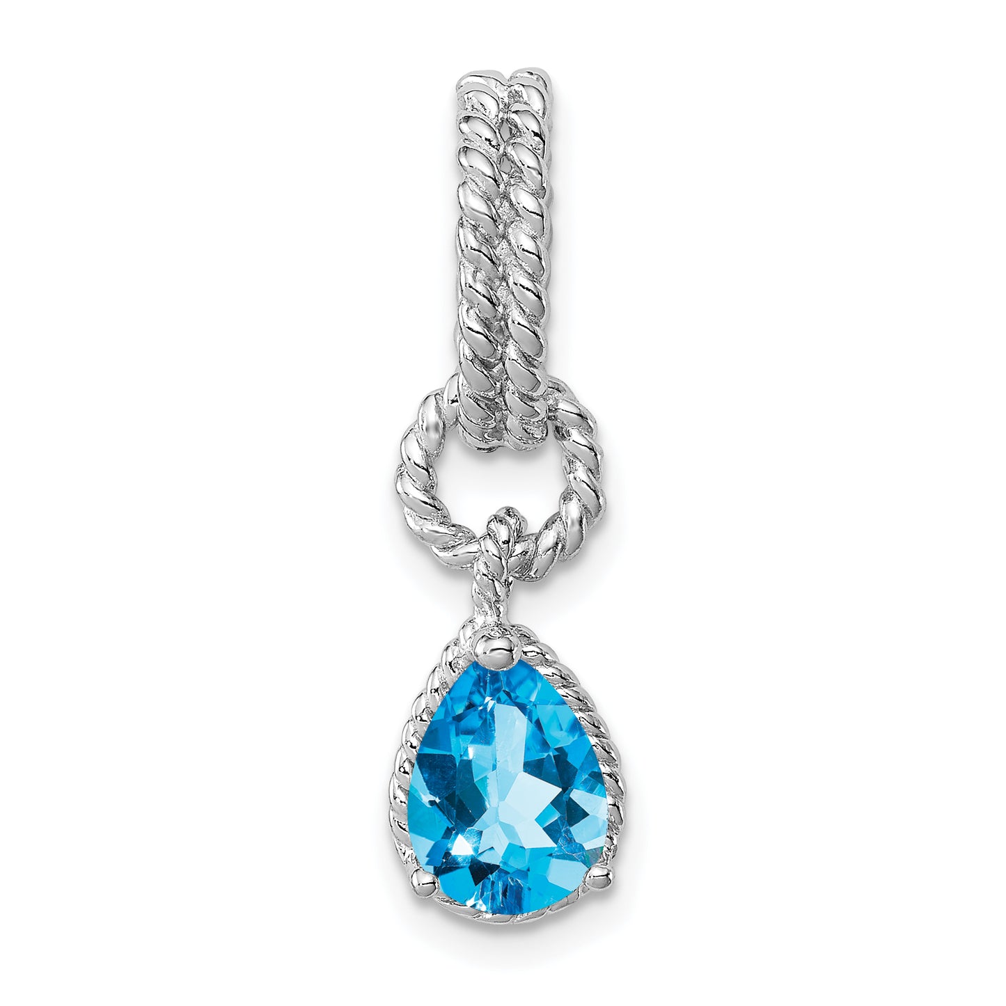 Sterling Silver Rhodium Blue Topaz Pear Twisted Pendant