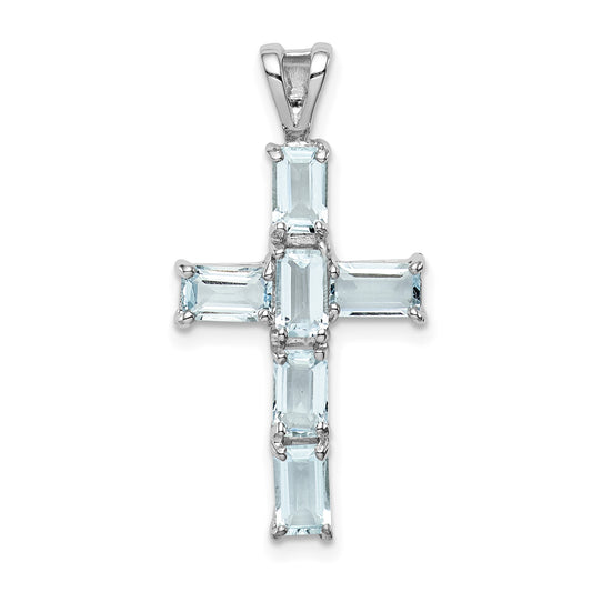 Sterling Silver Rhodium Plated Aquamarine Cross Pendant