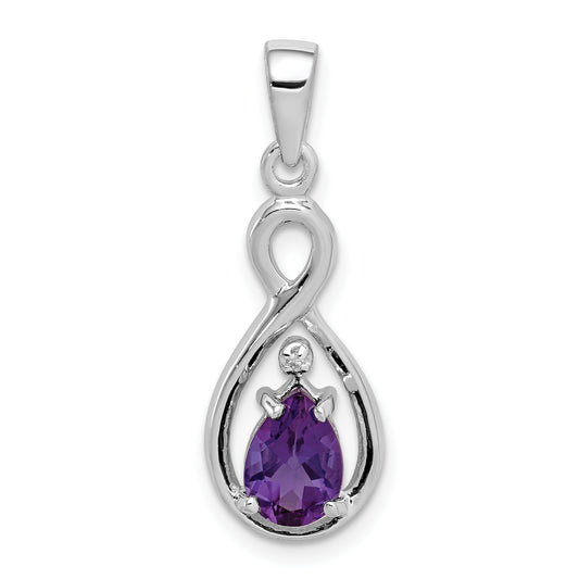 Sterling Silver Rhodium Plated Diamond And Amethyst Teardrop Pendant