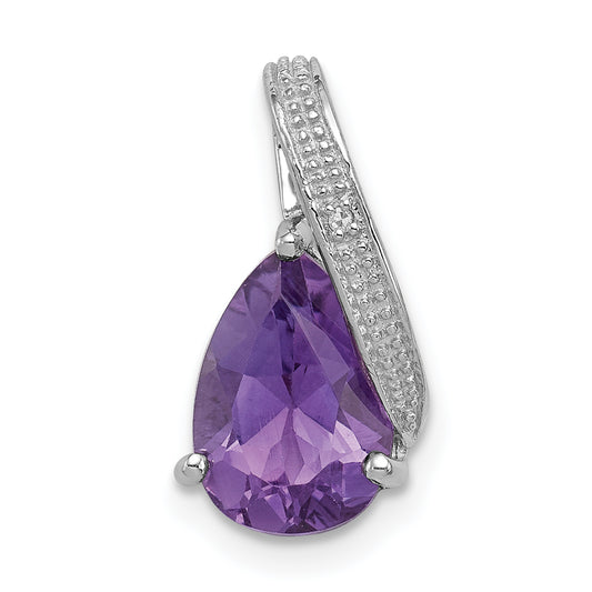 Sterling Silver Rhodium Plated Diamond And Amethyst Teardrop Pendant