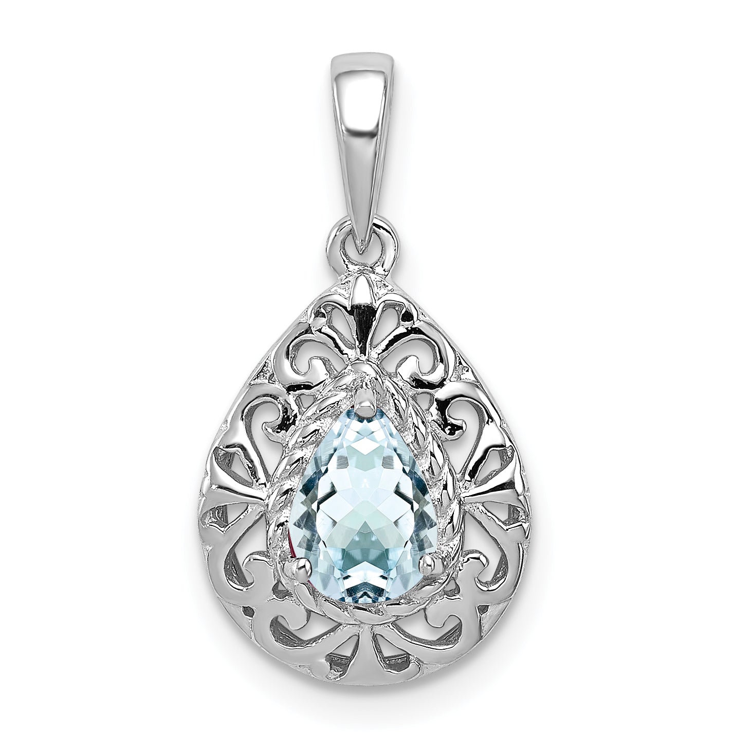 Sterling Silver Rhodium Plated Aquamarine Teardrop Pendant