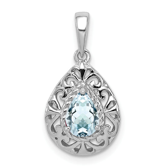 Sterling Silver Rhodium Plated Aquamarine Teardrop Pendant