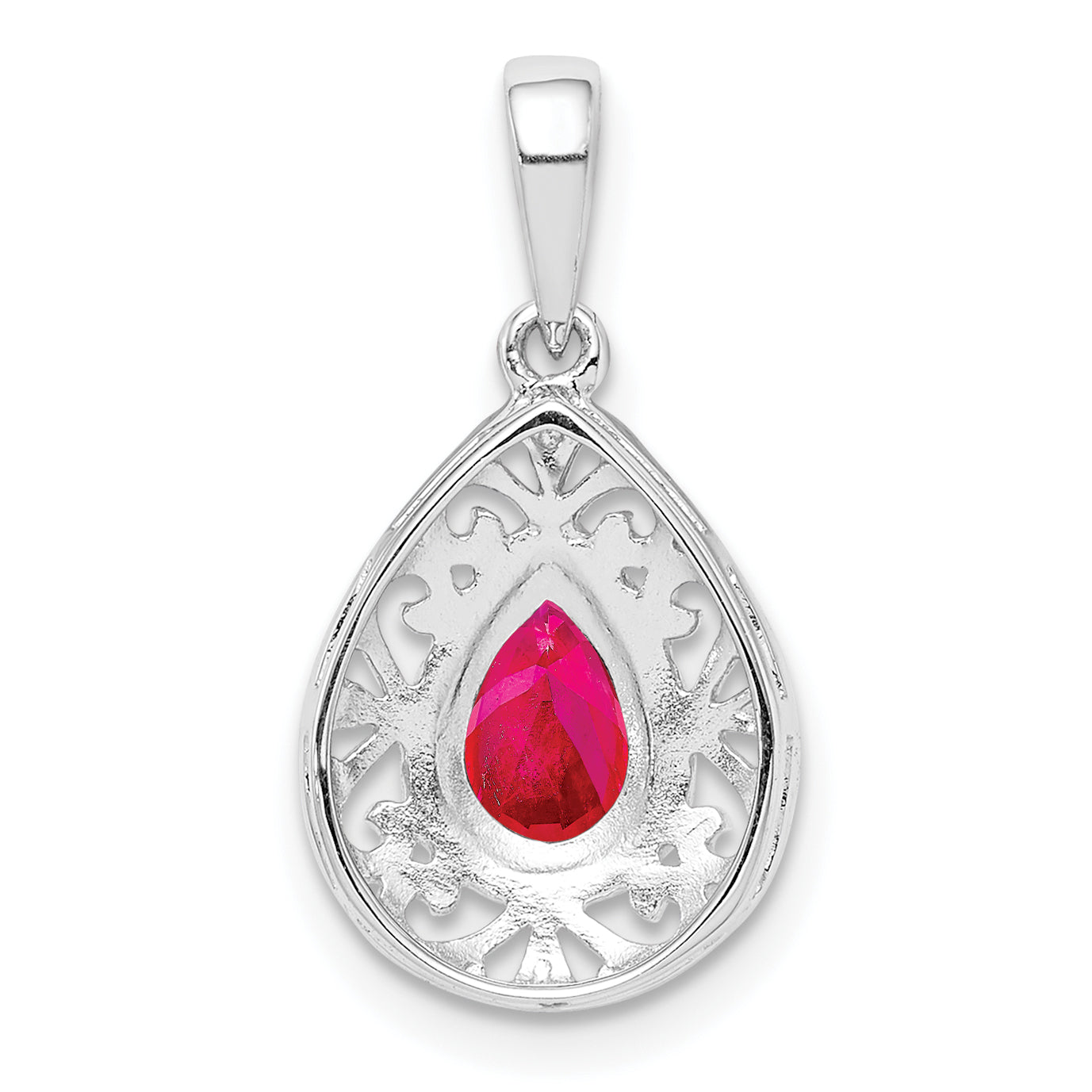 Sterling Silver Rhodium Plated Ruby Teardrop Pendant