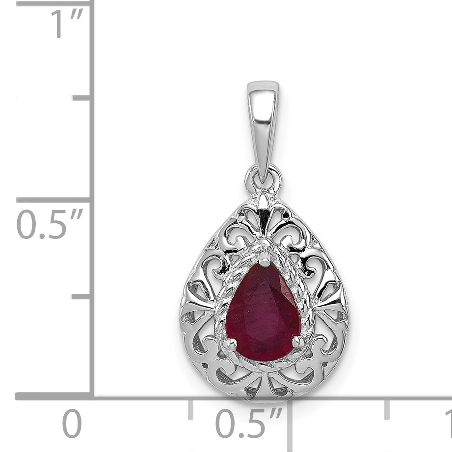 Sterling Silver Rhodium Plated Ruby Teardrop Pendant