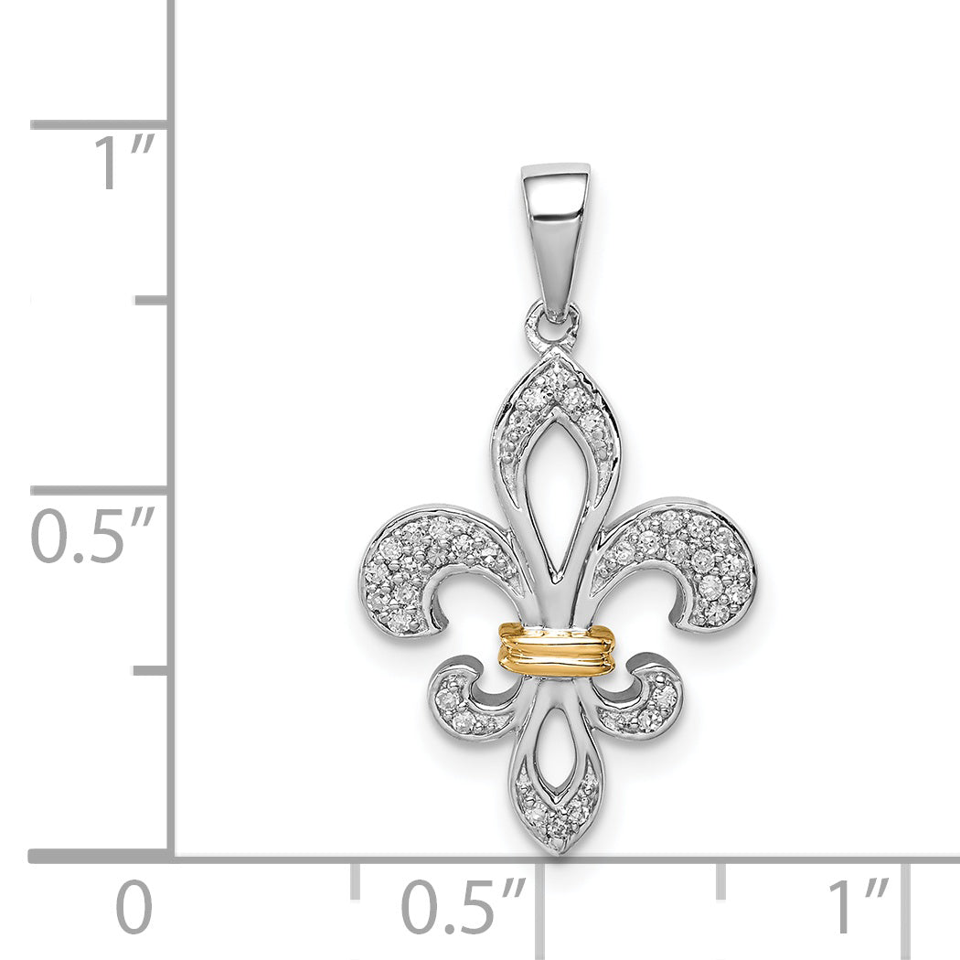 Sterling Silver Rhod-Plated With 14K Diamond Fleur De Lis Pendant