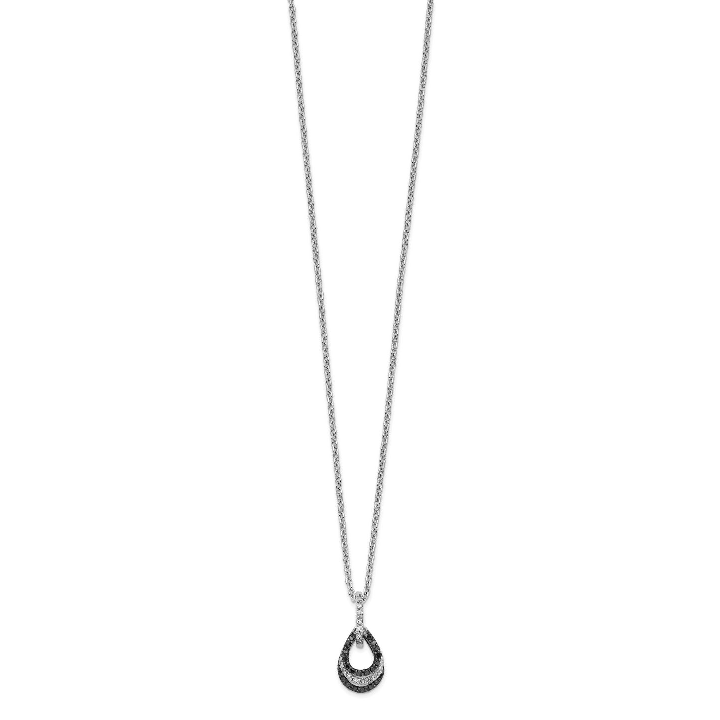 Sterling Silver White Night Rhodium-Plated Black And Diamond Teardrop Pendant 18 Inch Necklace With 2 Extender