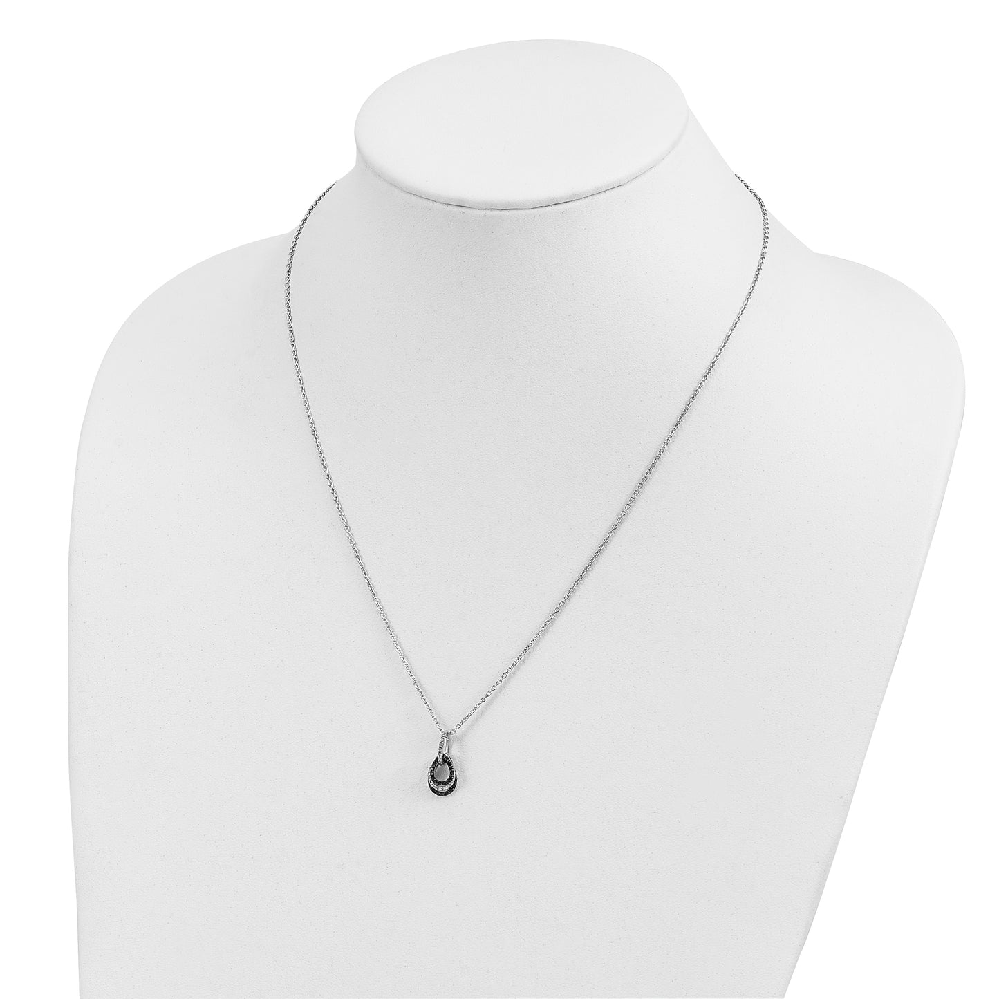 Sterling Silver White Night Rhodium-Plated Black And Diamond Teardrop Pendant 18 Inch Necklace With 2 Extender