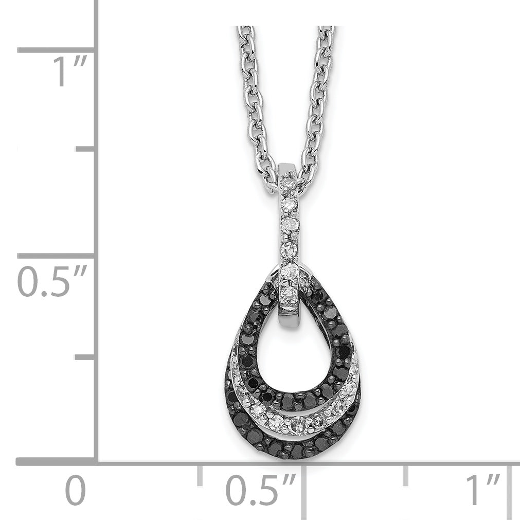 Sterling Silver White Night Rhodium-Plated Black And Diamond Teardrop Pendant 18 Inch Necklace With 2 Extender