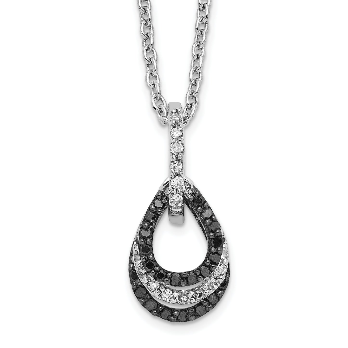 Sterling Silver White Night Rhodium-Plated Black And Diamond Teardrop Pendant 18 Inch Necklace With 2 Extender