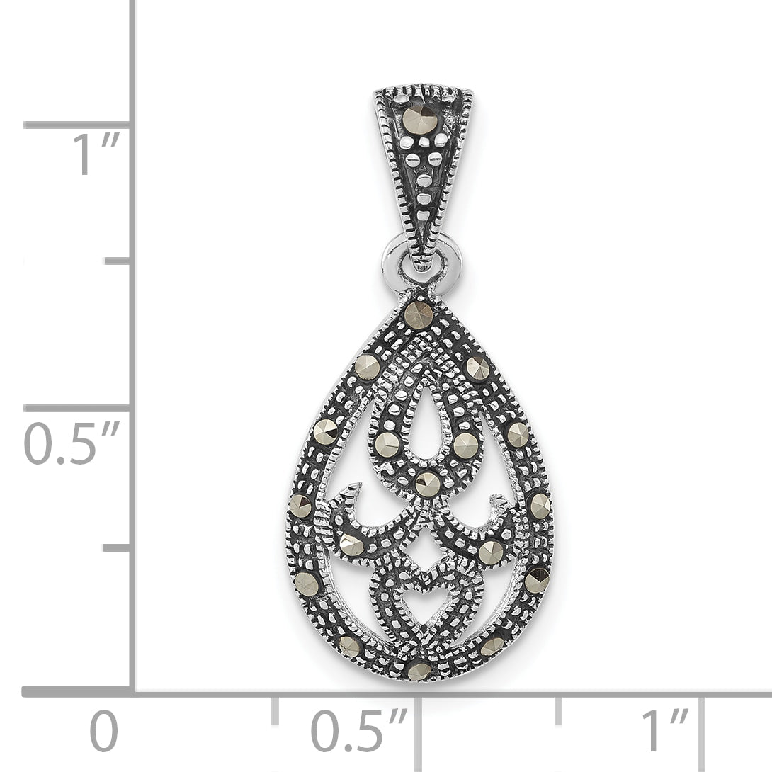 Sterling Silver Antiqued Marcasite Heart Teardrop Pendant