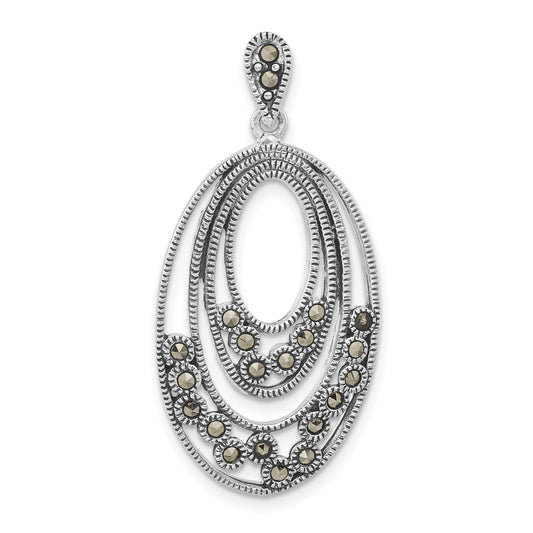 Sterling Silver Polished & Antiqued Marcasite Oval Pendant