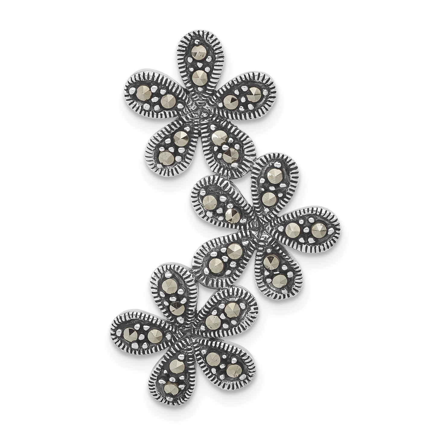 Sterling Silver Antiqued Marcasite Flower Chain Slide Pendant