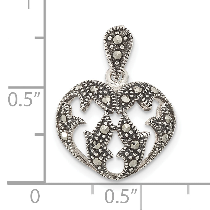 Sterling Silver Antiqued Marcasite Heart Pendant