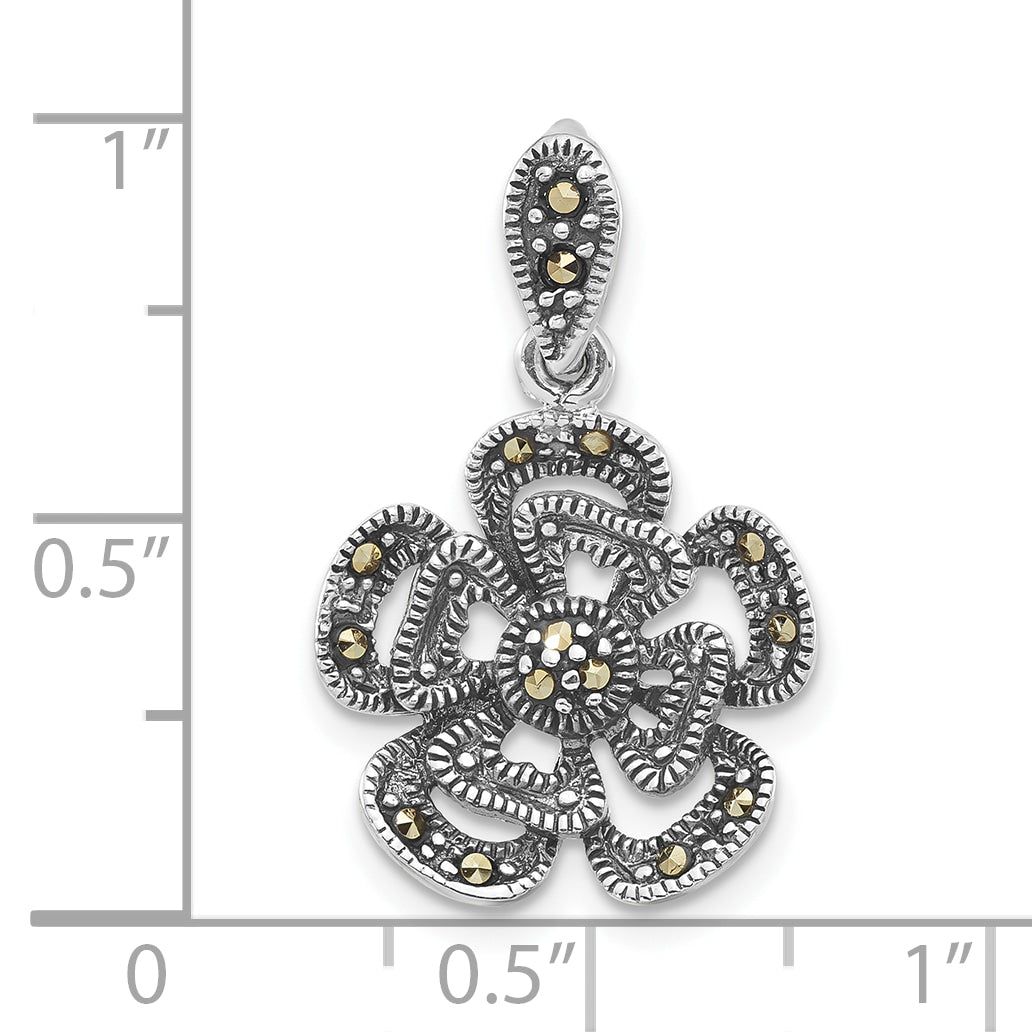 Sterling Silver Polished & Antiqued Marcasite Flower Pendant