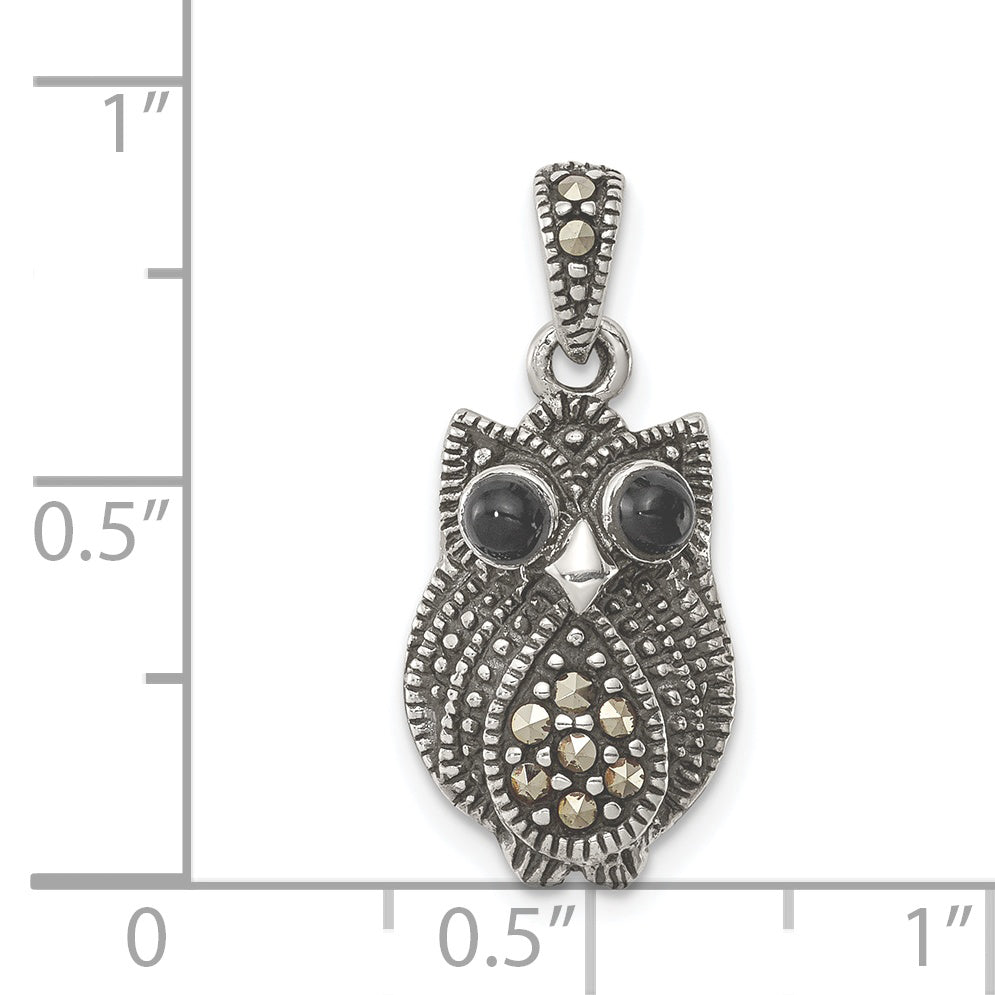 Sterling Silver Antiqued Marcasite And Black Agate Owl Pendant