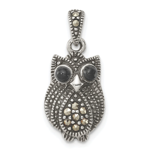 Sterling Silver Antiqued Marcasite And Black Agate Owl Pendant