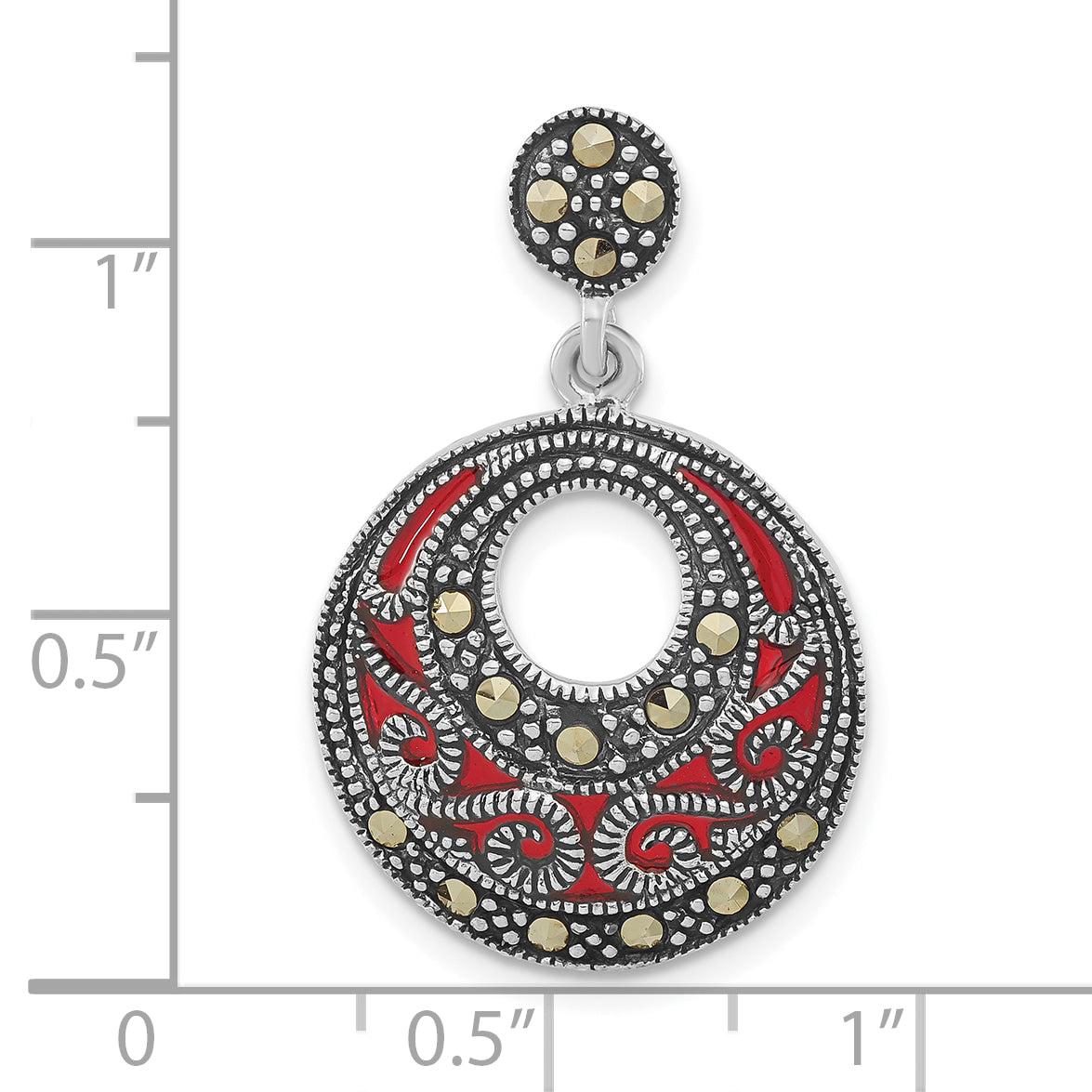 Sterling Silver Antiqued Marcasite & Red Epoxy Circle Slide Pendant