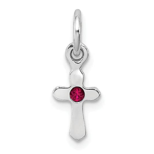 Sterling Silver Rh-Pltd Child'S July Red Preciosca Crystal Cross Pendant