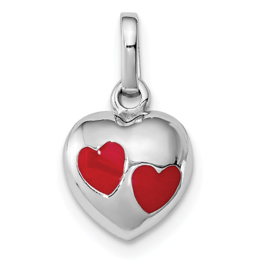 Sterling Silver Rh-Plated Polished Red Enameled Hearts Children'S Pendant