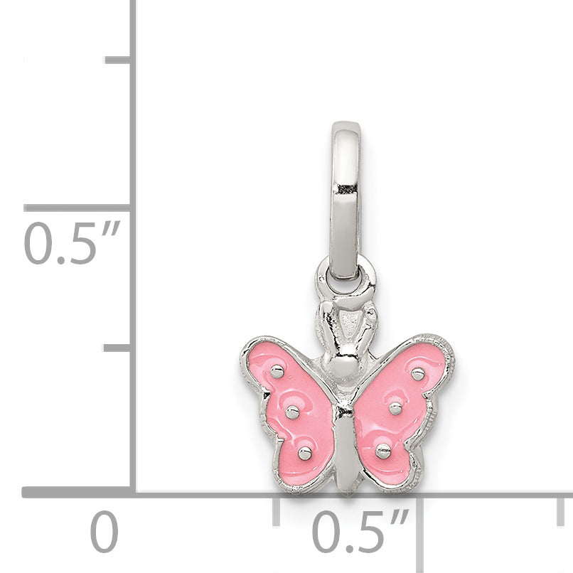 Sterling Silver Rhodium-Plated Pink Enameled Butterfly Children'S Pendant