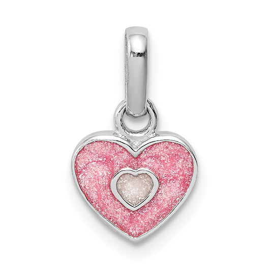 Sterling Silver Rh-Plated Pink Glitter Enameled Heart Children'S Pendant