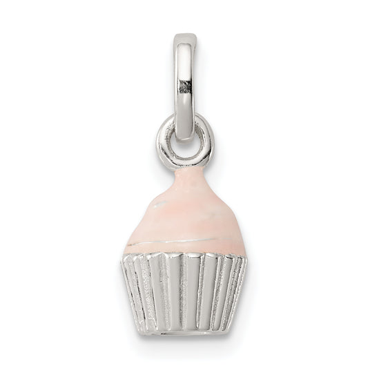 Sterling Silver Polished & Pink Enameled Cupcake Children'S Pendant