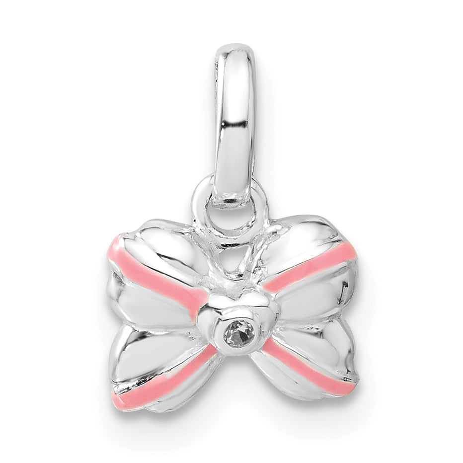 Sterling Silver Pink Enamel & Cz Kid'S Bow Pendant