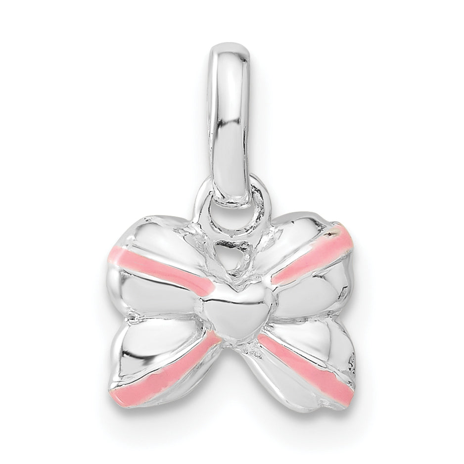 Sterling Silver Pink Enamel & Cz Kid'S Bow Pendant