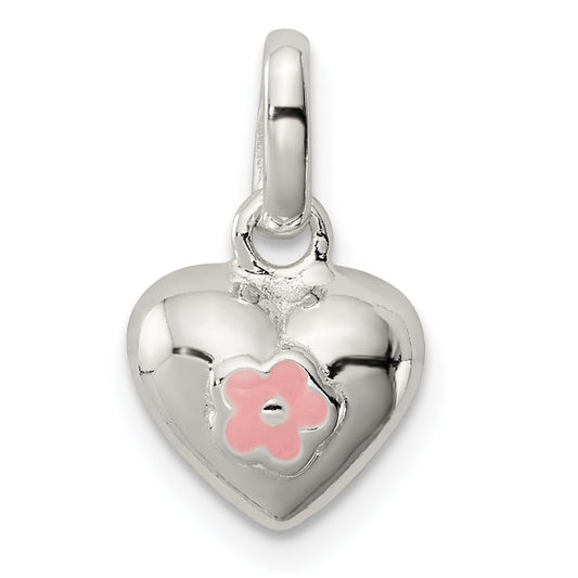 Sterling Silver Polished Pink Enamel Flower On Heart Children'S Pendant